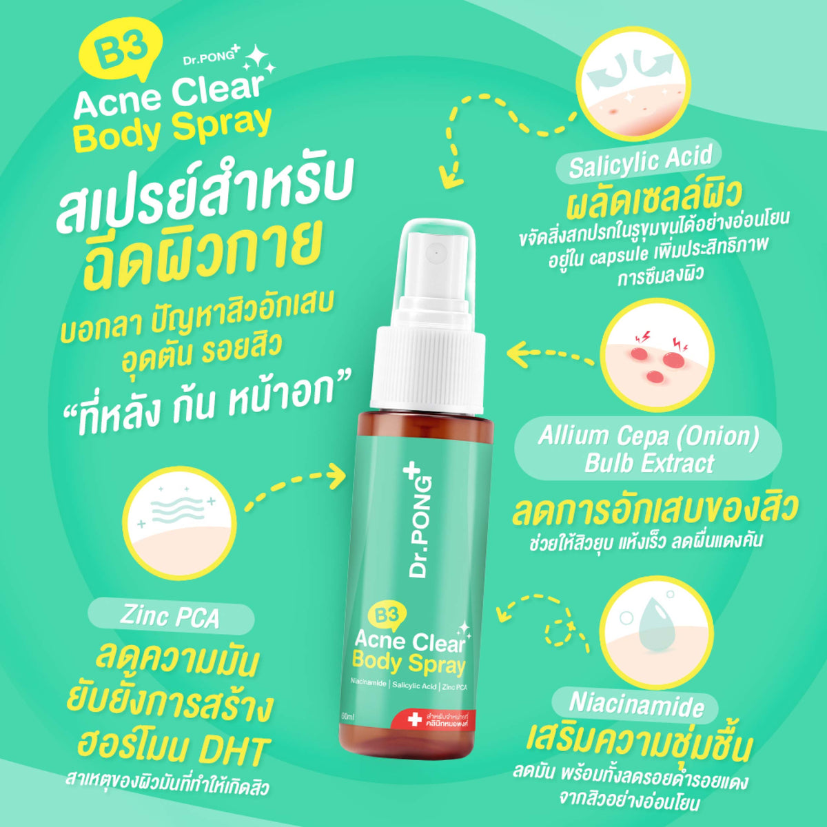 Dr.PONG B3 Acne Clear Body Spray สเปรย์ฉีดสิวที่หลัง และลำตัว 60 ml