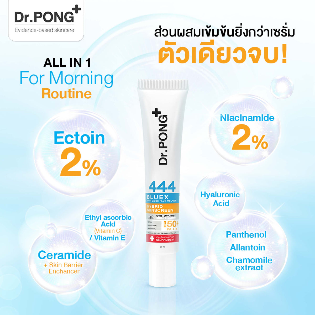 Dr.PONG 444 BlueX iron oxide plus melanin hybrid sunscreen ครีมกันแดดป้องกันแสงสีฟ้า 30ml.